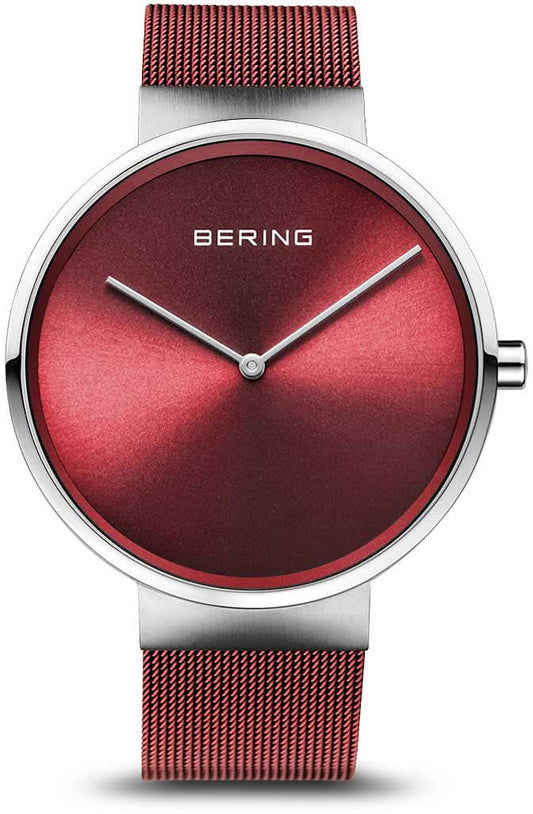 Bering Classic klocka med röd urtavla och vinrött Milanese-band