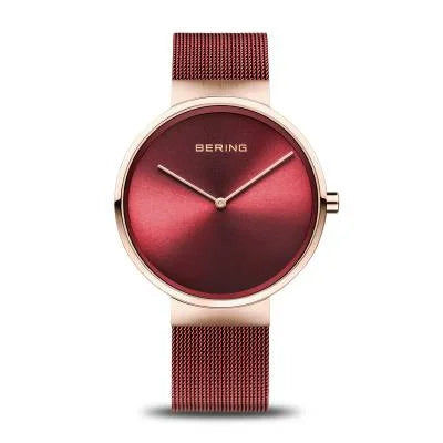 Unisex-Armbanduhr mit weinrotem Zifferblatt und rotem Milanaise-Armband, roségoldfarbenes Gehäuse
