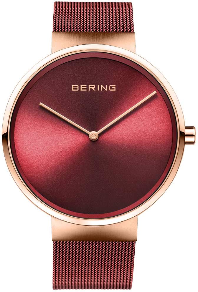 Bering-klocka: roséguldpläterat hölje, vinröd urtavla, Milanese-armband.