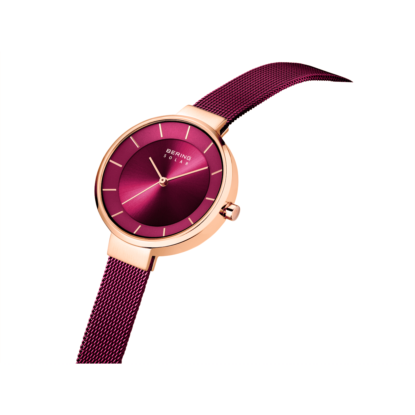 Bering Damen-Armbanduhr mit roségoldenem Gehäuse und bordeauxrotem Milanaiseband