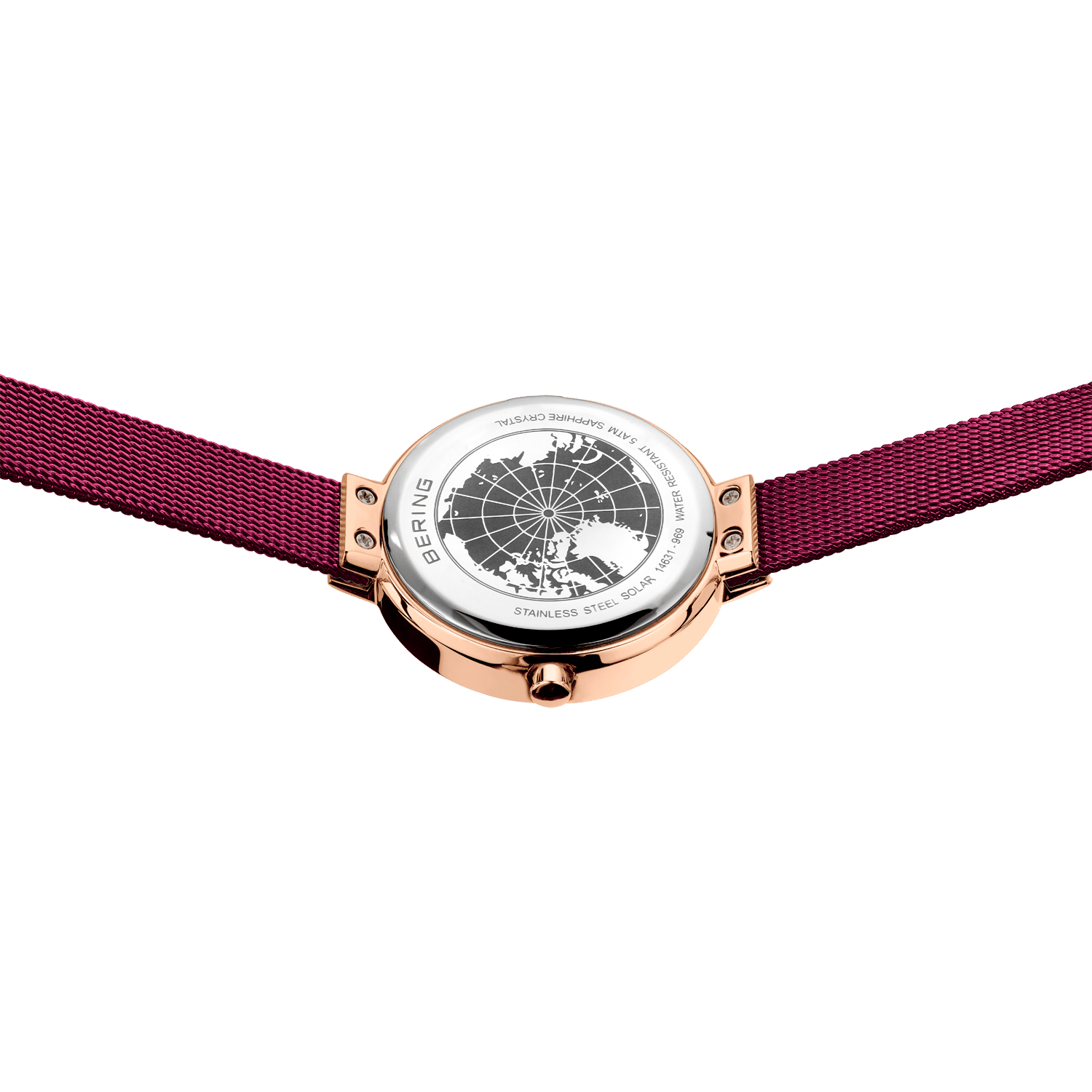 Bering Damenarmbanduhr, roségoldfarbenes Gehäuse, pinkes Mesharmband, Gehäuseboden
