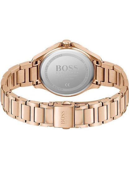 Damenarmbanduhr, roségoldfarbenes Metallarmband, Gehäuserückseite mit BOSS-Prägung