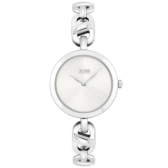 Damenarmbanduhr in Silber mit rundem Zifferblatt und Gliederarmband