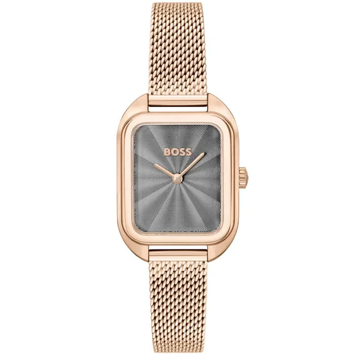 BOSS Damenarmbanduhr mit Mesh-Armband, roségoldfarbenem Gehäuse und grauem Zifferblatt