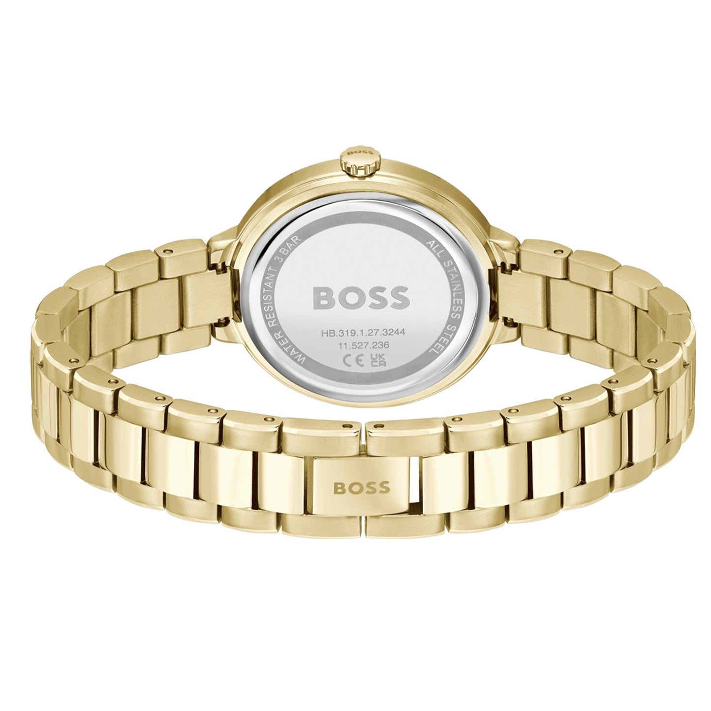 Damenarmbanduhr-Rückseite mit goldfarbenem Gliederarmband und eingeprägtem Gehäuseboden