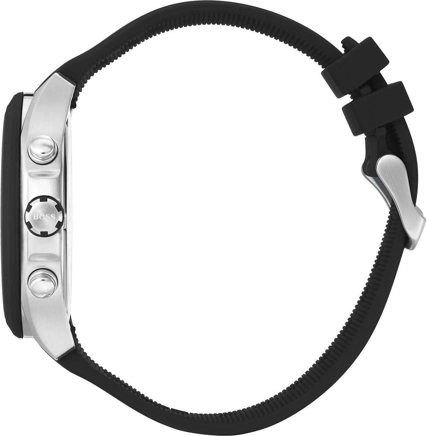 Herrklocka med svart silikonarmband och metallboett, sidovy med kronografknappar