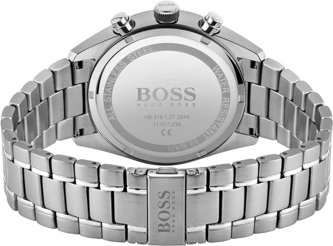 BOSS herrarmbandsur: armband och boett i rostfritt stål med text.