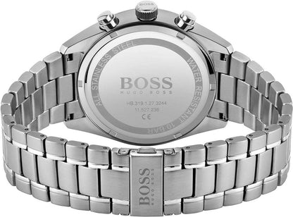 BOSS herrarmbandsur: armband och boett i rostfritt stål med text.