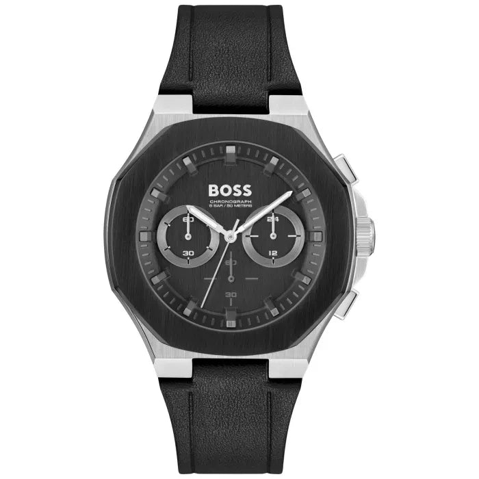 Herrenarmbanduhr BOSS, schwarzes Quarz-Chronograph-Design mit schwarzem Lederband und Mineralglas