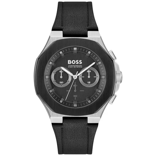 Herrenarmbanduhr BOSS, schwarzes Quarz-Chronograph-Design mit schwarzem Lederband und Mineralglas