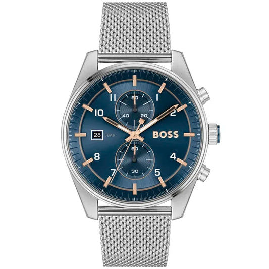 BOSS Herrenarmbanduhr mit blauem Zifferblatt, Chronograph und Edelstahl-Meshband