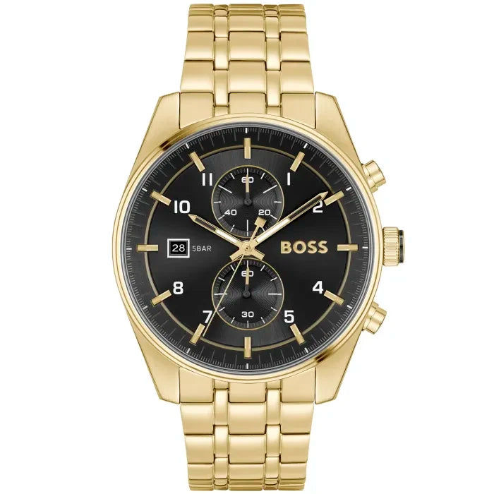 Herrenarmbanduhr mit goldfarbenem Metallband, schwarzem Zifferblatt und Chronograph-Optik