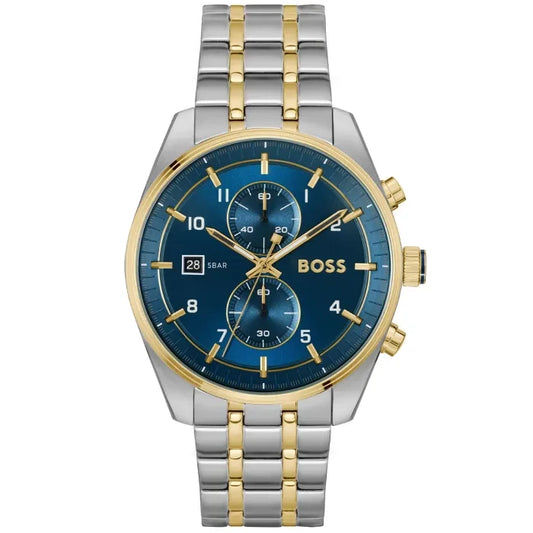 BOSS Herrenarmbanduhr mit blauem Zifferblatt, Chronograph, bicolorem Edelstahlband gold/silber