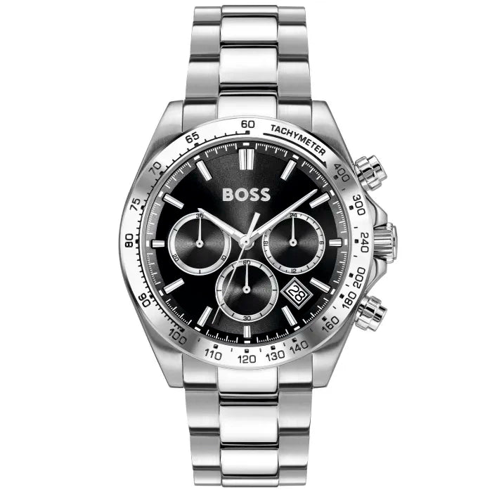 Herrenarmbanduhr mit schwarzem Chronograph-Zifferblatt, Tachymeter, Edelstahlarmband