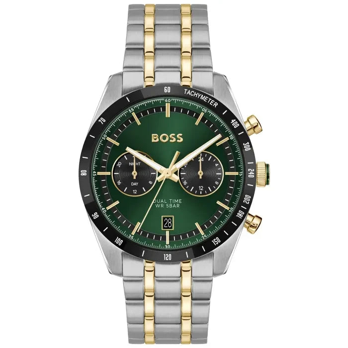 Herrenarmbanduhr BOSS mit grünem Zifferblatt, Tachymeter-Lünette und Edelstahlarmband mit Goldakzenten
