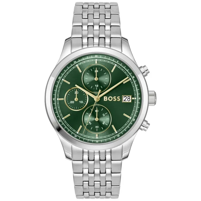 Herrenarmbanduhr BOSS mit grünem Zifferblatt, Chronographen-Zählern und Edelstahlarmband