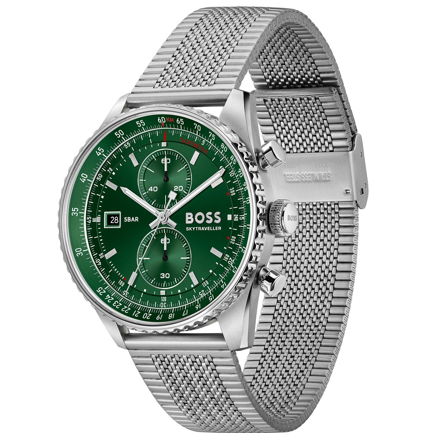Herrenarmbanduhr BOSS mit grünem Zifferblatt, Edelstahl-Meshband und Drückern
