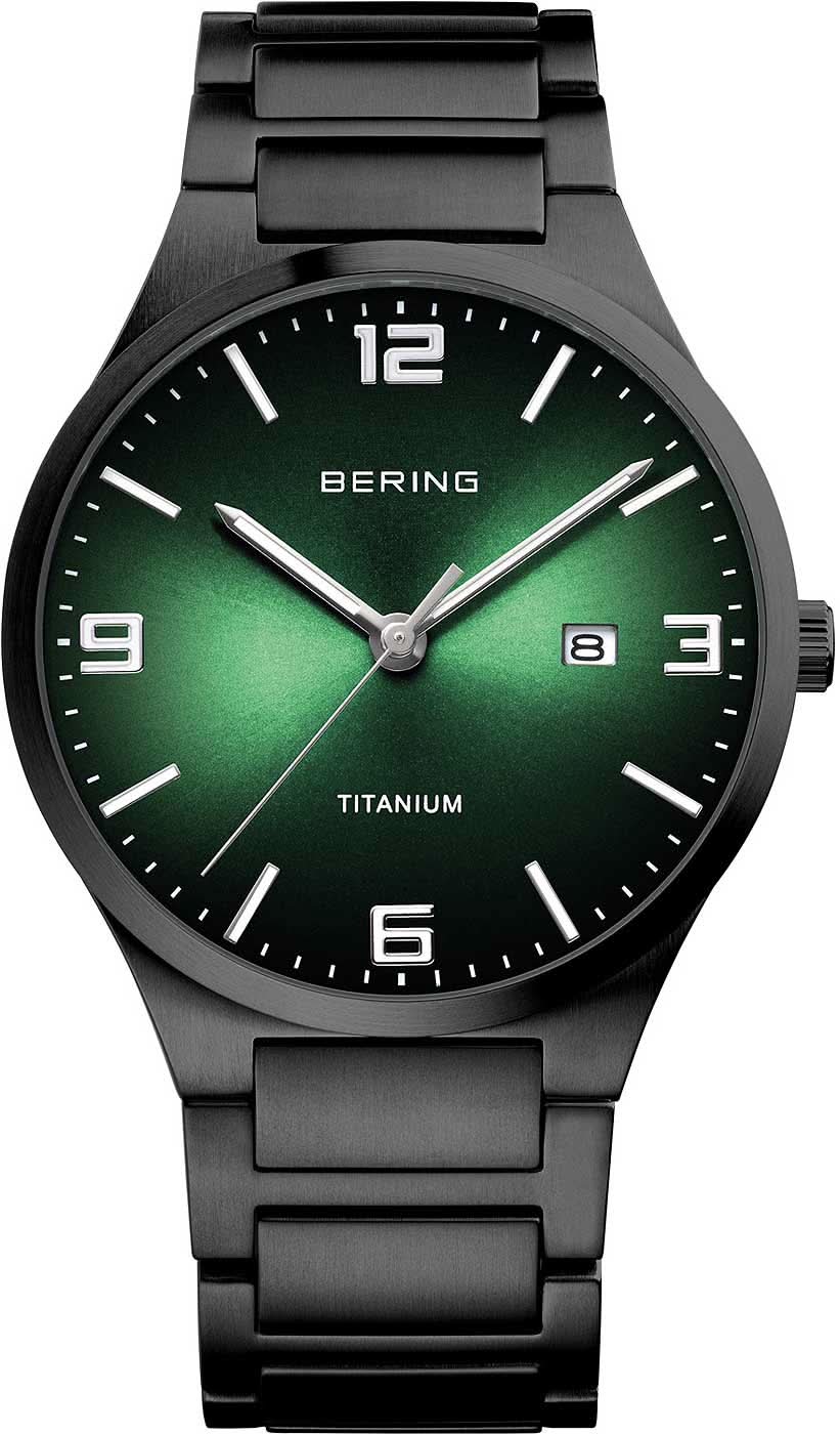 Herrklocka med grön urtavla, BERING-logotyp och svart metallarmband