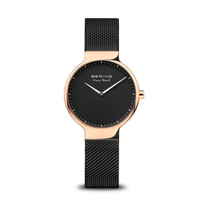 Damenuhr mit schwarzem Zifferblatt, roségoldenem Gehäuse und schwarzem Milanaise-Armband