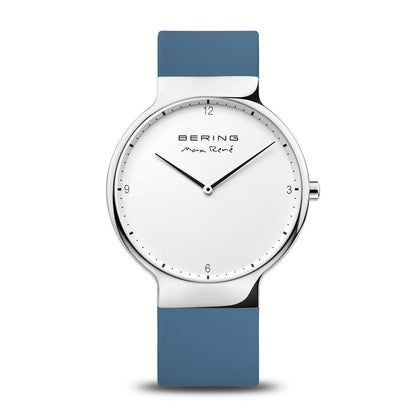 Herrenuhr mit weißem Zifferblatt und blauer Silikonarmband, silberfarbenes Gehäuse