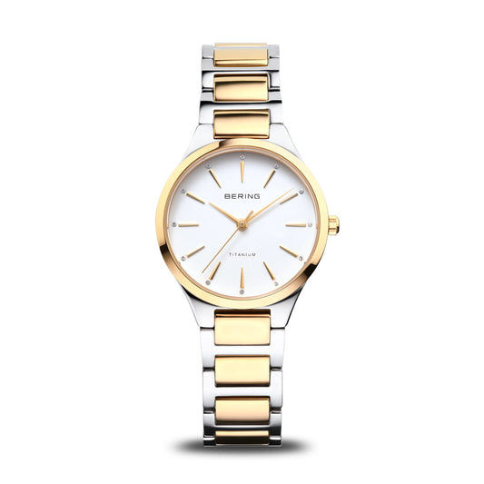 Bering Damenuhr mit Saphirglas, zweifarbigem Metallarmband und weißem Zifferblatt