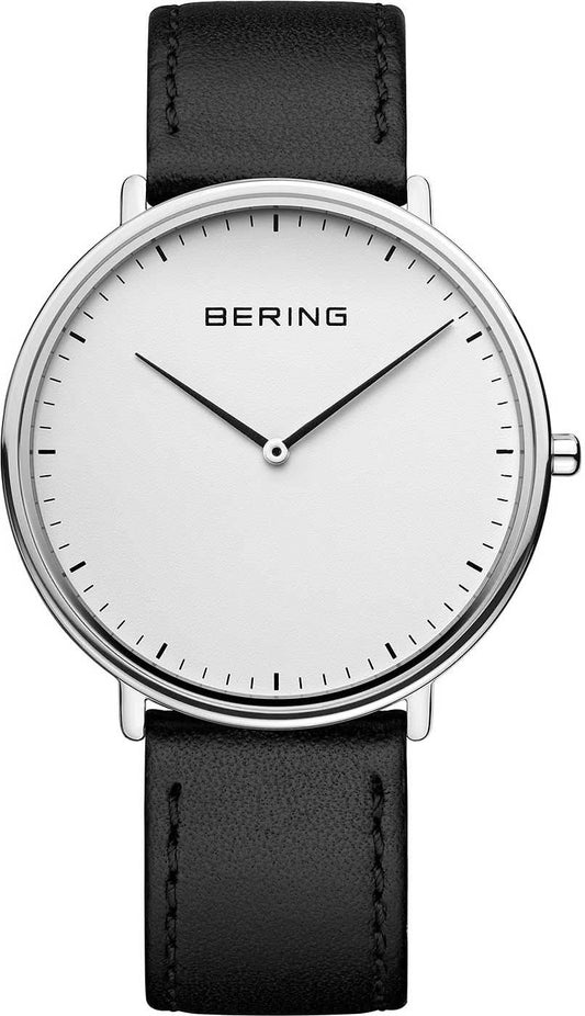 Bering Ultra Slim klocka med svart läderarmband, vit urtavla och tunn boettring
