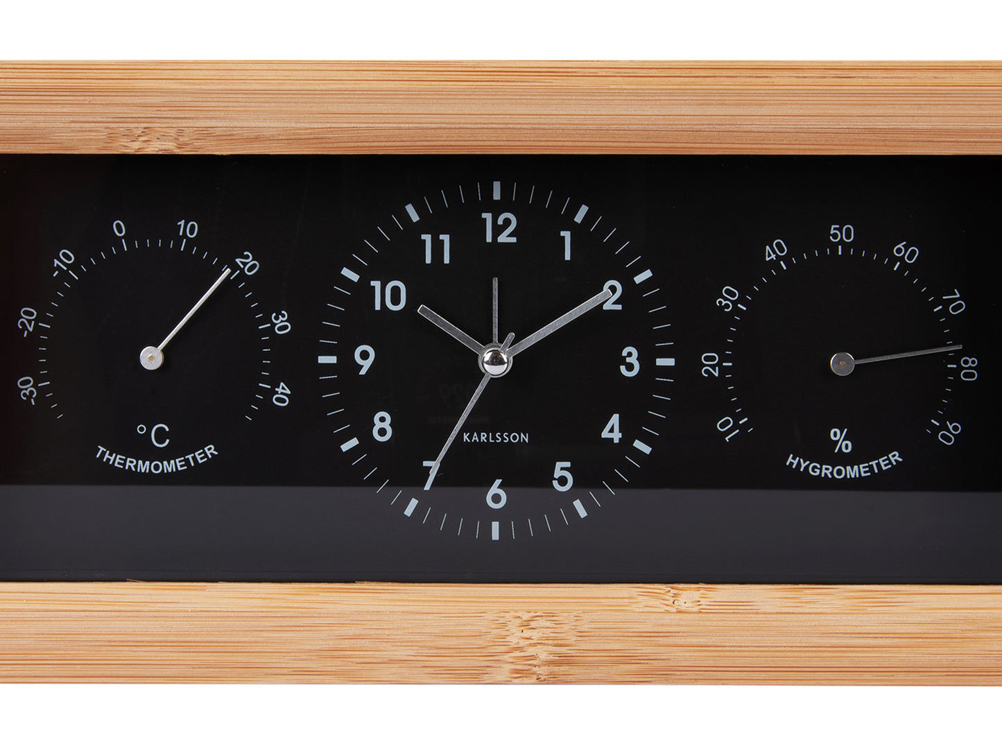 Rektangulär väckarklocka med träram, svart urtavla samt termometer och hygrometer