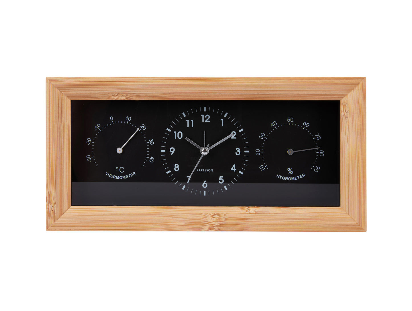 Rektangulär väggklocka med träram och svart urtavla, termometer och hygrometer