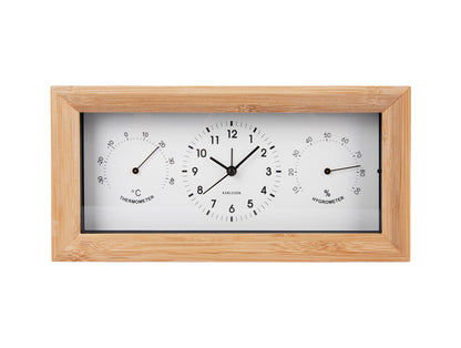 Rektangulär väckarklocka med träram, vit urtavla och termometer/hygrometer