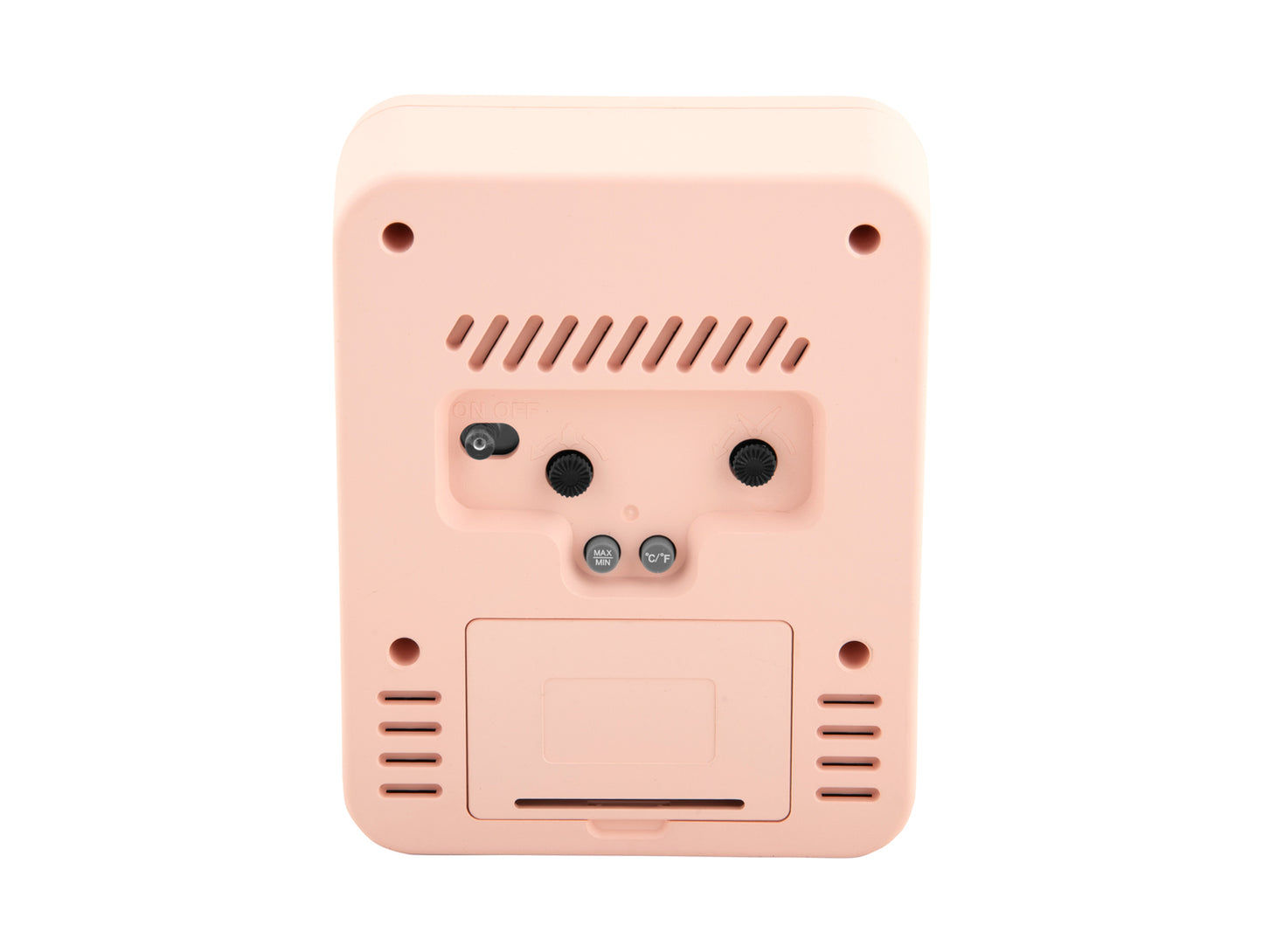 Baksida rosa väckarklocka med batterifack och sensoröppningar