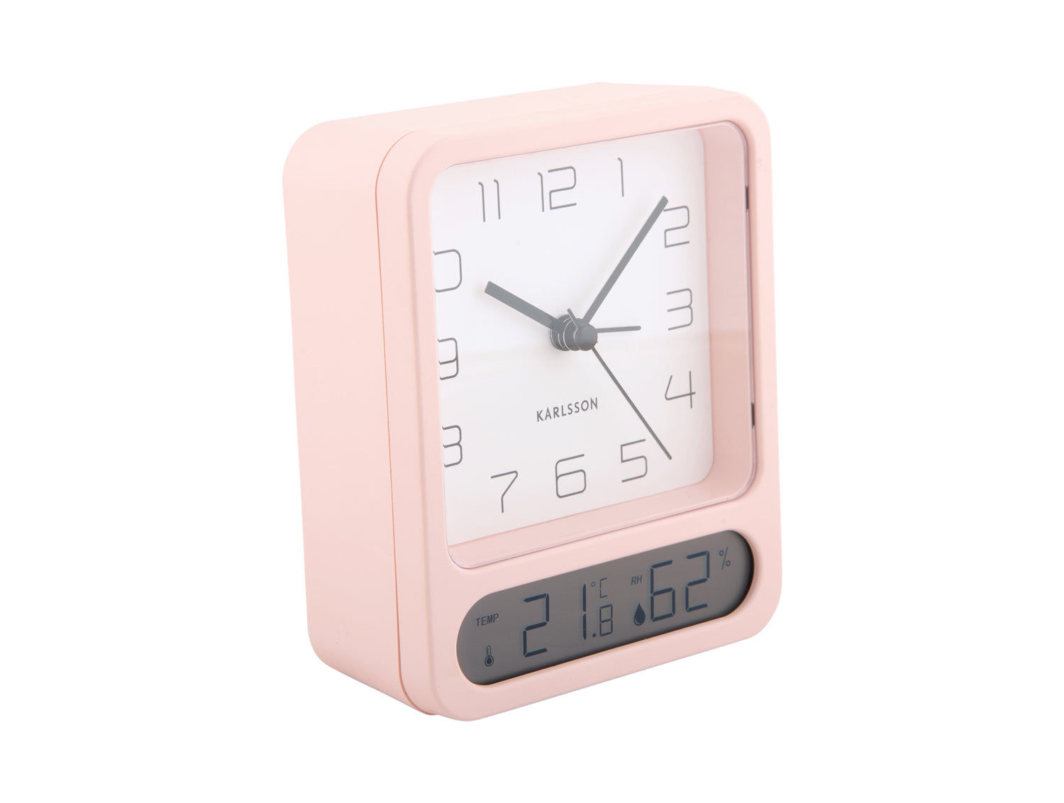 Rosa väckarklocka med analog urtavla och digital display för temperatur & luftfuktighet