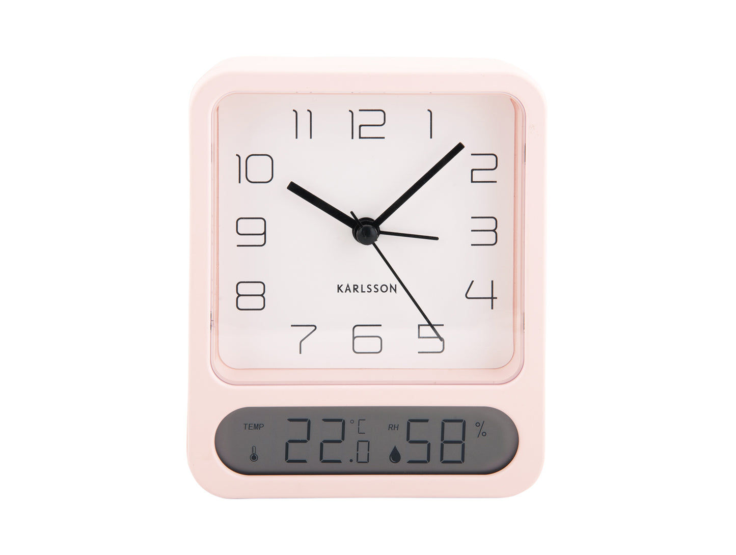 Rosa väckarklocka med analog urtavla, digital display för temperatur och luftfuktighet