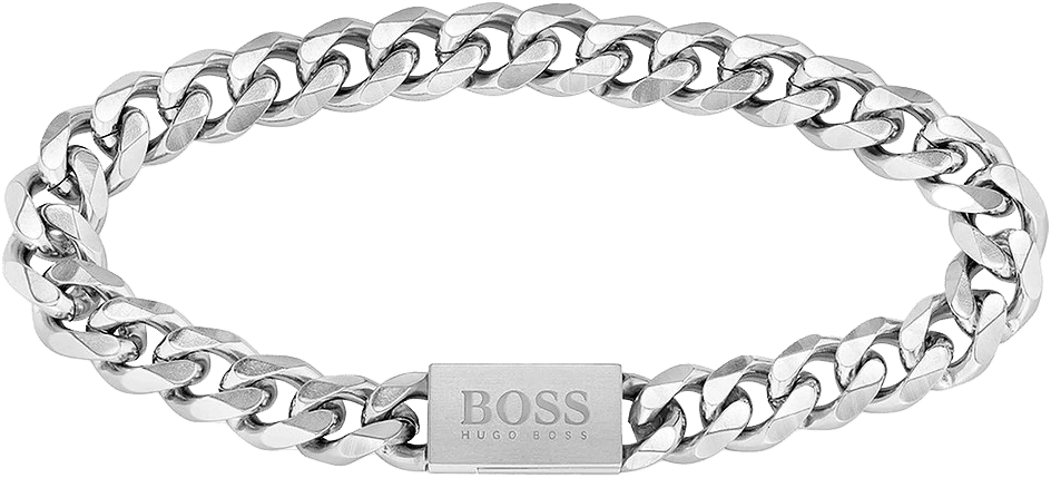 Armband i rostfritt stål med kedjelänkar, silverfärgat, med rektangulär BOSS-plakett