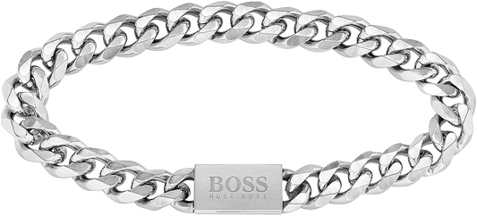 Armband i rostfritt stål med kedjelänkar, silverfärgat, med rektangulär BOSS-plakett