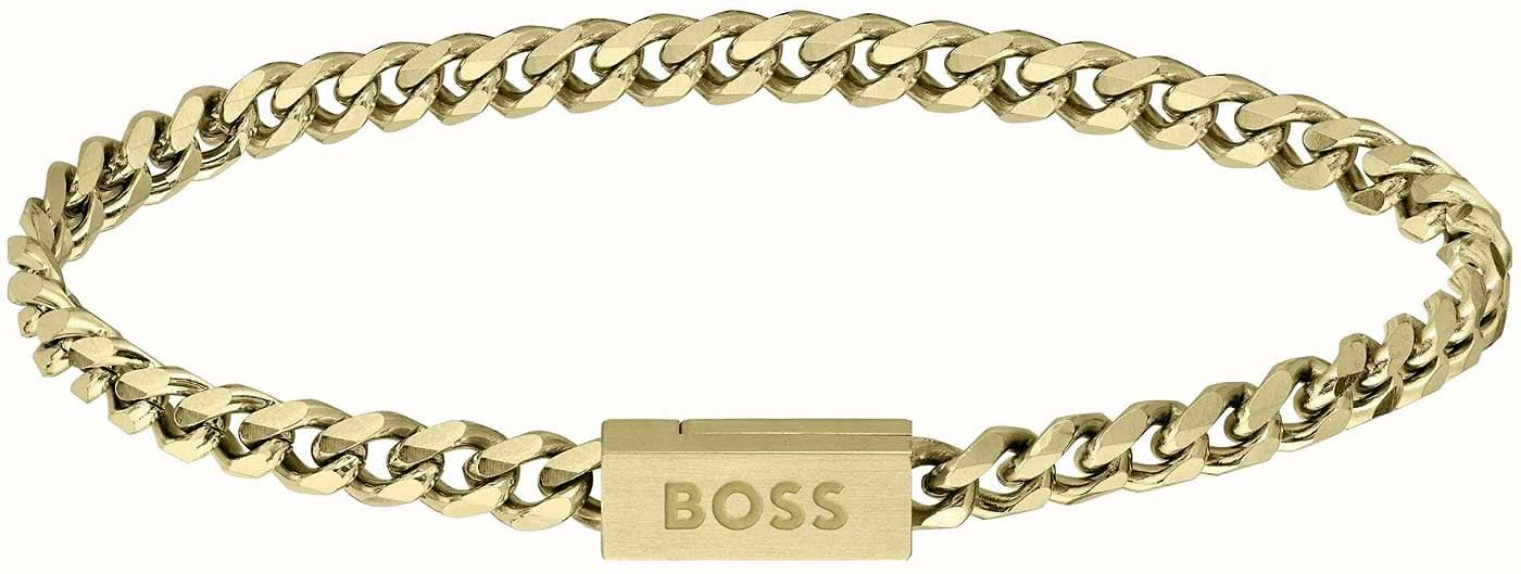 Armband i rostfritt stål med guldfärgad länk och BOSS-lås.