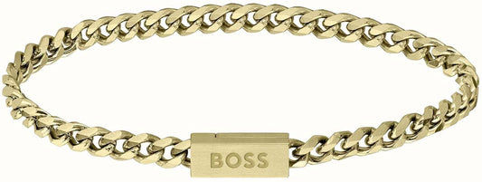 Armband i rostfritt stål med guldfärgad länk och BOSS-lås.