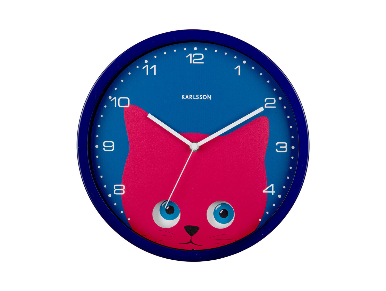 Mörkblå väggklocka med rött kattmotiv och blå ögon, rund form