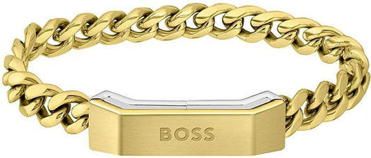 Guldpläterat armband med länkar och stort spänne, gravyr "BOSS"