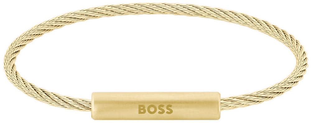 Armband i rostfritt stål med flätad kedja och rektangulär platta „BOSS“.