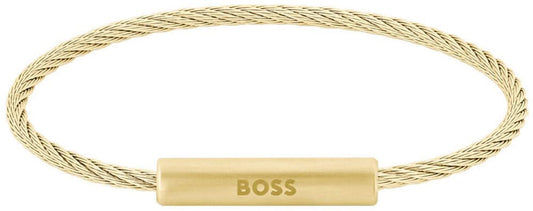 Armband i rostfritt stål med flätad kedja och rektangulär platta „BOSS“.