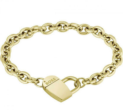 Guldpläterat hjärtformat armband med länkar och stort magnetlås, BOSS