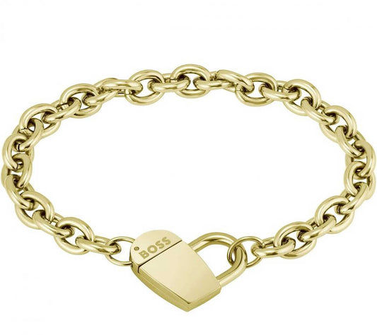 Guldpläterat hjärtformat armband med länkar och stort magnetlås, BOSS
