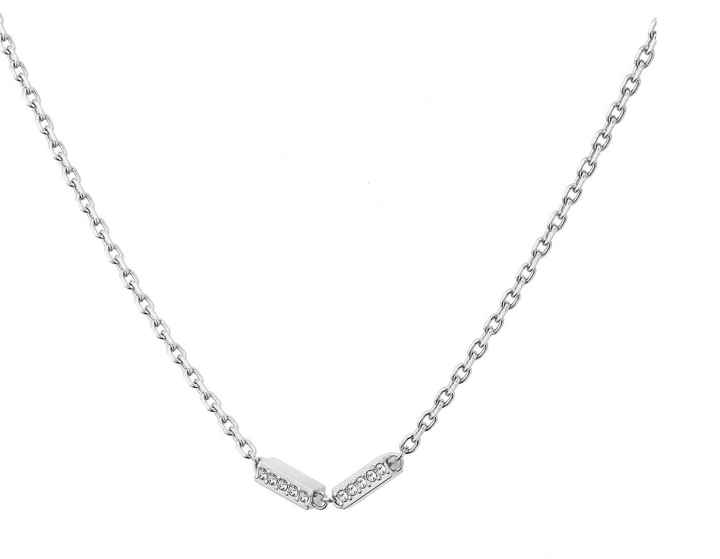 Dubbelradigt halsband med rektangulärt kopplingselement och gnistrande stenar, silverfärgat