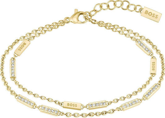 Dubbelradigt armband med guldfärgade länkar och klara stenar, BOSS-berlock