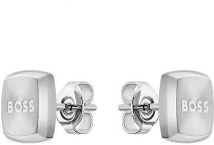 Örhängen för män med rektangulära plattor och BOSS-logotyp, silverfärgade