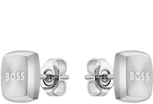 Örhängen för män med rektangulära plattor och BOSS-logotyp, silverfärgade
