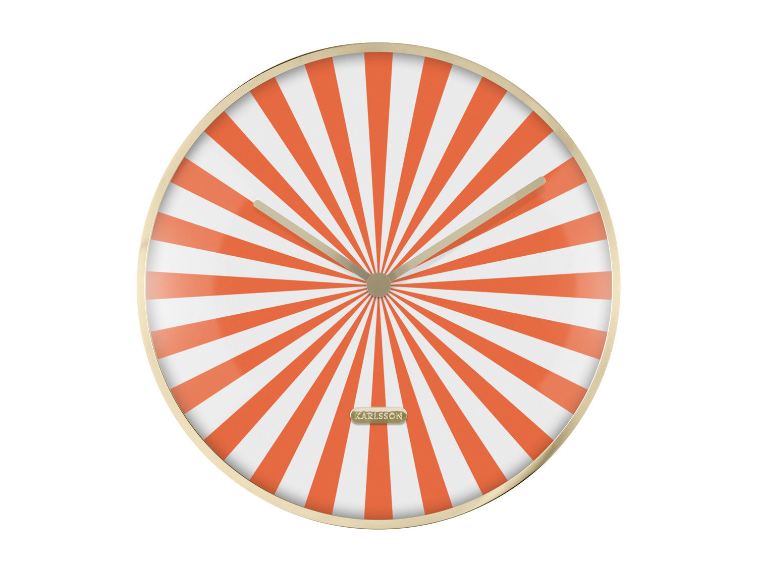 Väggklocka med orangevitrandig urtavla och beige ram