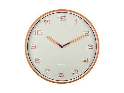 Orangefärgad väggklocka med beige urtavla och orange visare