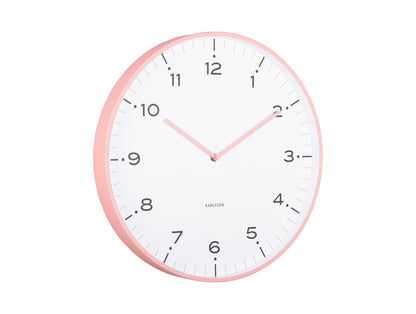 Väggklocka med flamingopinkigt ringformat hölje och vit urtavla, rosa visare.