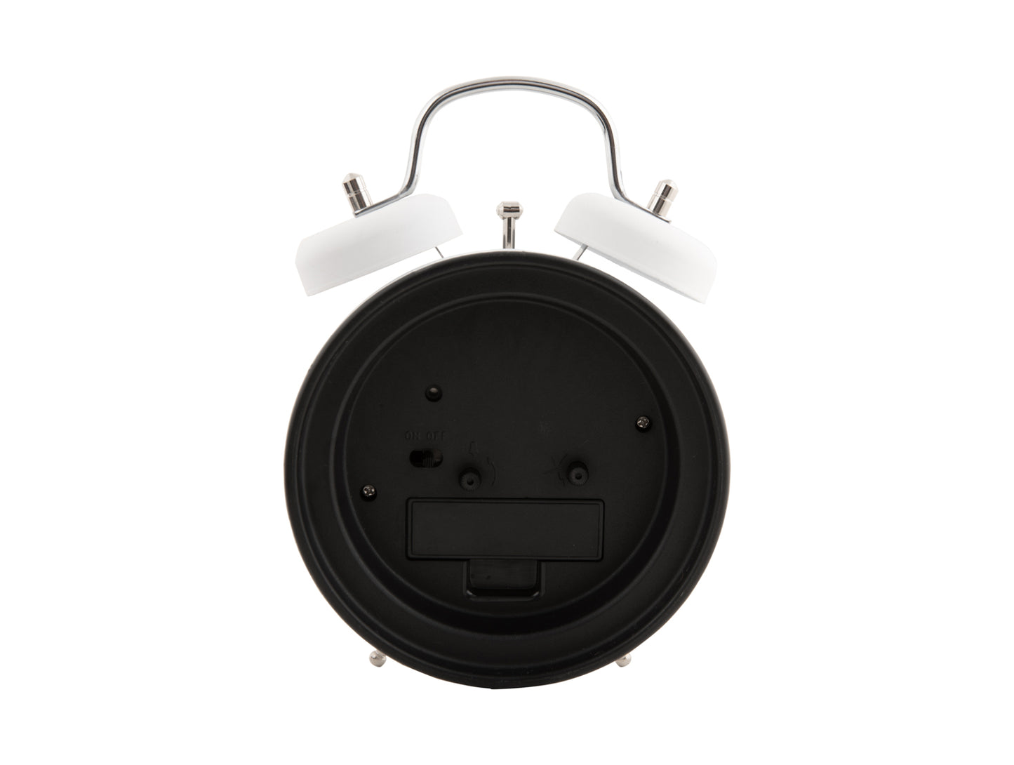 Väckarklockans baksida i svart med batterifack, vit ram och stödfötter.